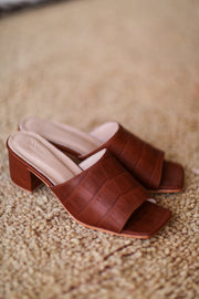 BROWN CROC EMBOSSED HEELED MULES PATTI