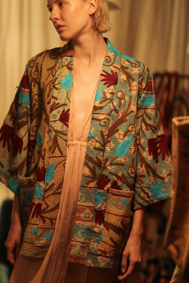 GINEVRA EMBROIDERED KANTHA KIMONO RED AND BLUE