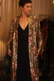 EMBROIDERED SILK KIMONO FLOWERS GOLDEN