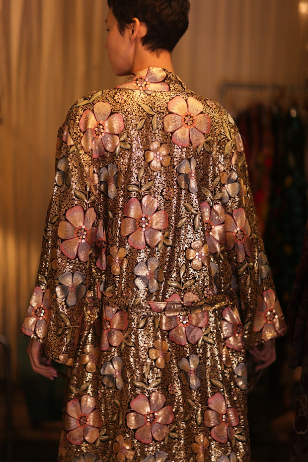 EMBROIDERED SILK KIMONO FLOWERS GOLDEN