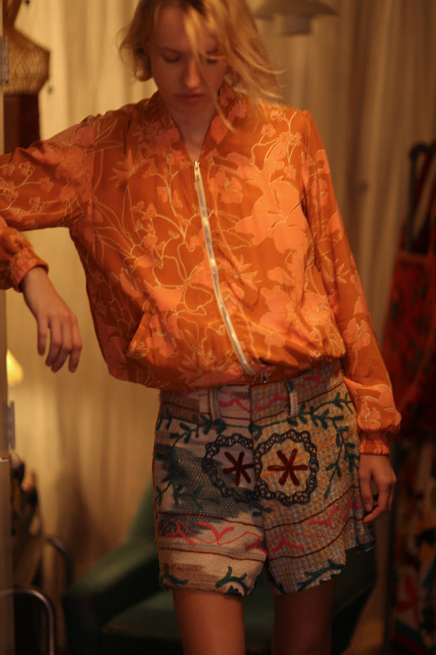 ANCHA SILK BOMBER JACKET ORANGE FLOWER - sustainably made MOMO NEW YORK sustainable clothing, bomber slow fashion