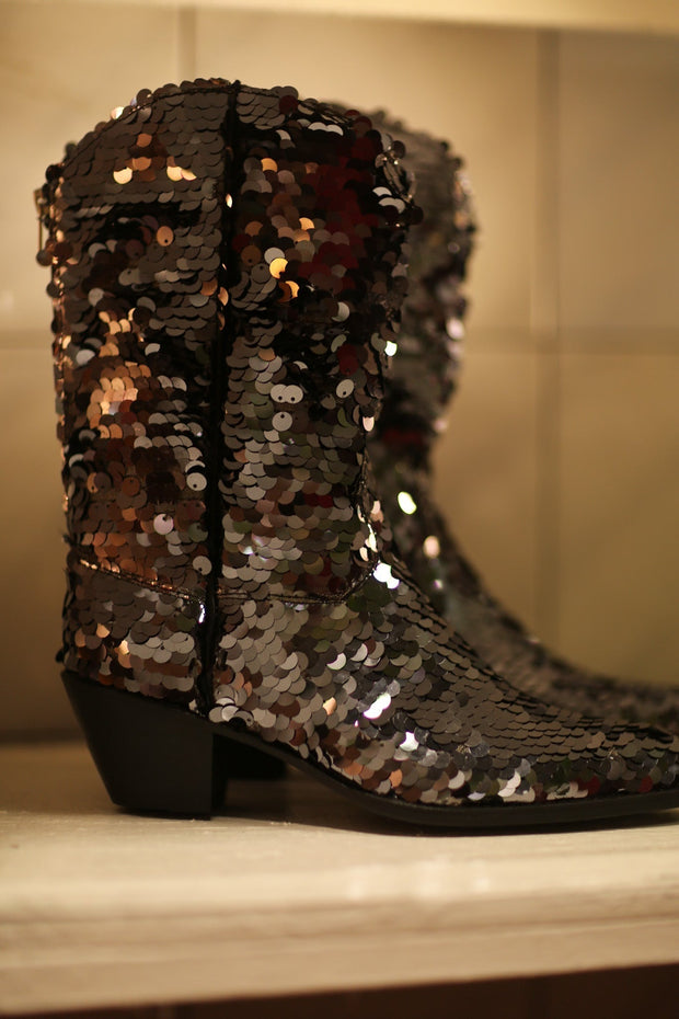 BLACK SEQUIN WESTERN BOOTS LUZINE - sustainably made MOMO NEW YORK sustainable clothing, boots slow fashion