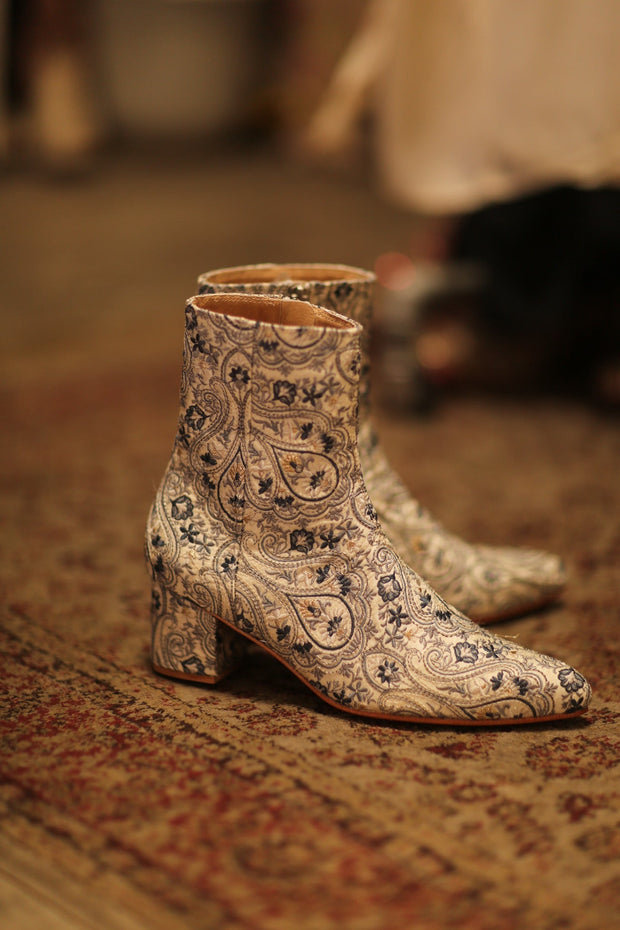 BLUE WHITE SILK EMBROIDERED BOOTS SCOOBERT - sustainably made MOMO NEW YORK sustainable clothing, boots slow fashion