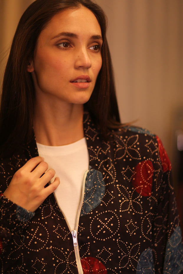 BOMBER JACKET SILK ANCHA DOMI - sustainably made MOMO NEW YORK sustainable clothing, bomberjacket slow fashion