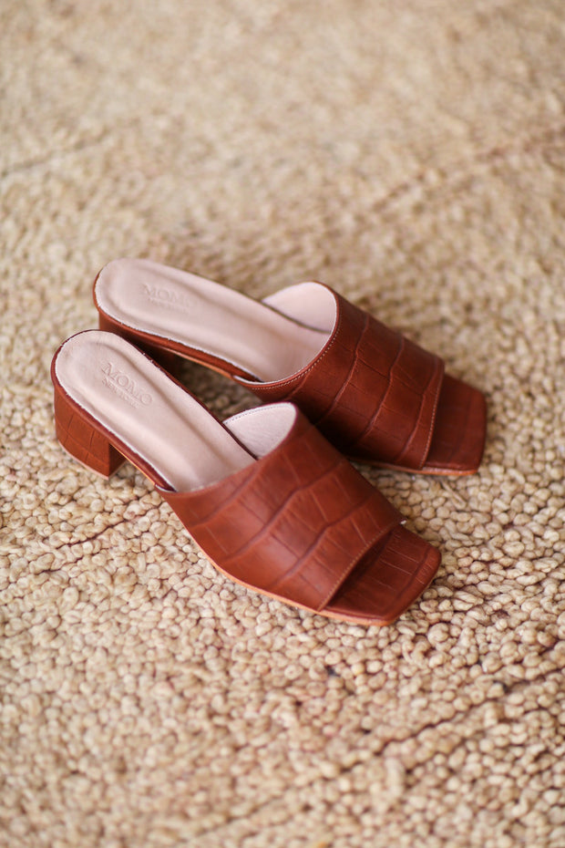 BROWN CROC EMBOSSED HEELED MULES PATTI - sustainably made MOMO NEW YORK sustainable clothing, slow fashion