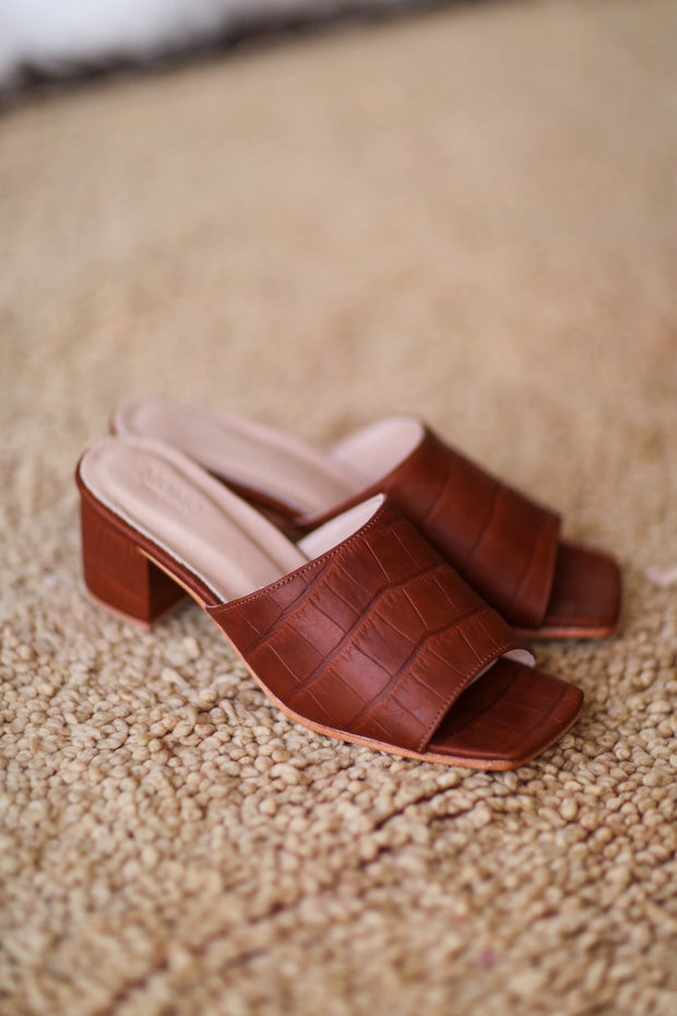 BROWN CROC EMBOSSED HEELED MULES PATTI - sustainably made MOMO NEW YORK sustainable clothing, slow fashion