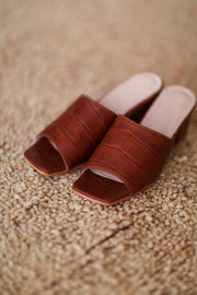 BROWN CROC EMBOSSED HEELED MULES PATTI - sustainably made MOMO NEW YORK sustainable clothing, slow fashion