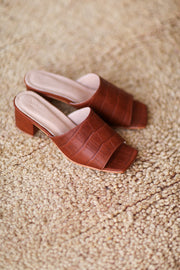 BROWN CROC EMBOSSED HEELED MULES PATTI - sustainably made MOMO NEW YORK sustainable clothing, slow fashion