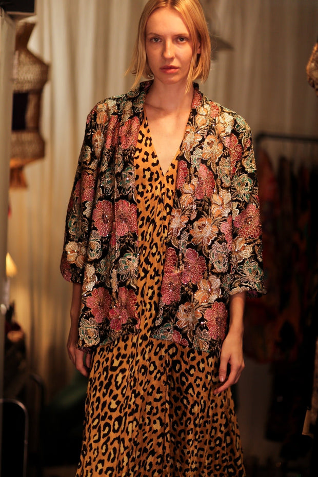 CARINE EMBROIDERED SILK KIMONO MULTI FLOWER - sustainably made MOMO NEW YORK sustainable clothing, embellished slow fashion