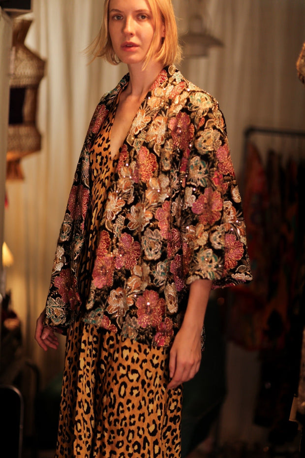 CARINE EMBROIDERED SILK KIMONO MULTI FLOWER - sustainably made MOMO NEW YORK sustainable clothing, embellished slow fashion