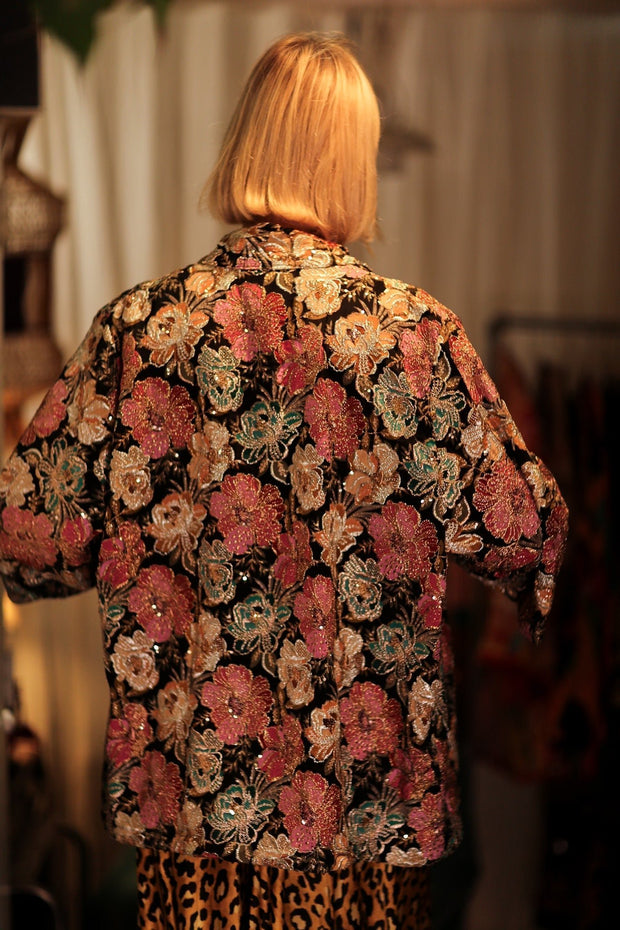 CARINE EMBROIDERED SILK KIMONO MULTI FLOWER - sustainably made MOMO NEW YORK sustainable clothing, embellished slow fashion
