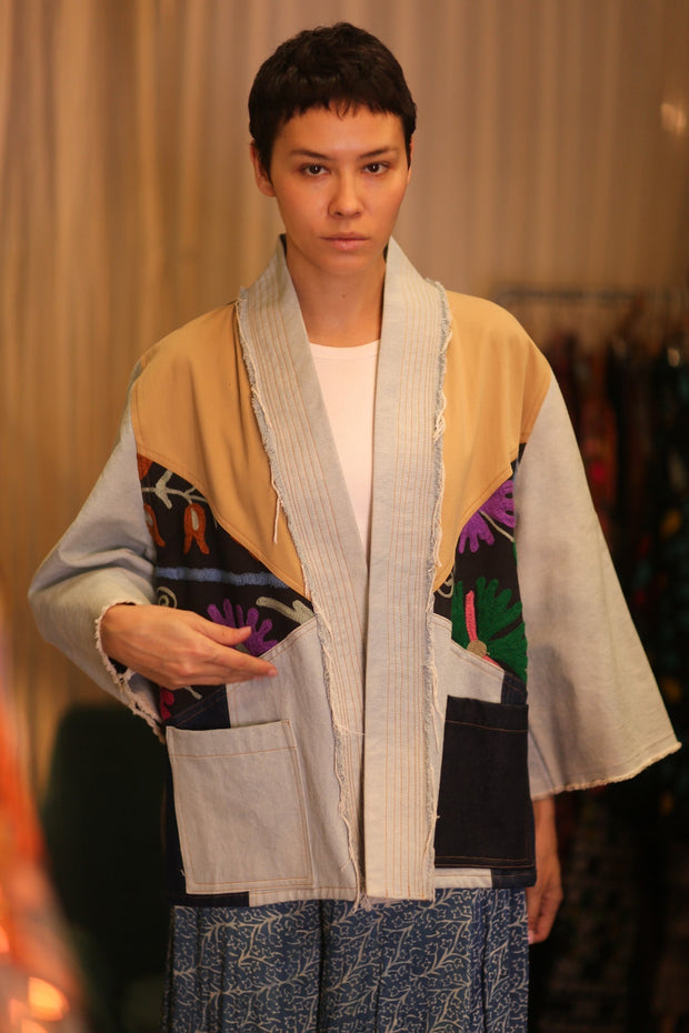DENIM PATCHWORK KIMONO LYKE - sustainably made MOMO NEW YORK sustainable clothing, coatandjacket slow fashion