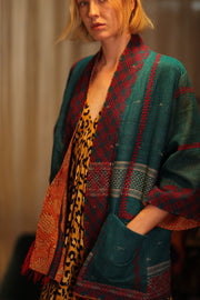 EMBROIDERED KANTHA KIMONO MONTY FOREST GREEN - sustainably made MOMO NEW YORK sustainable clothing, embellished slow fashion
