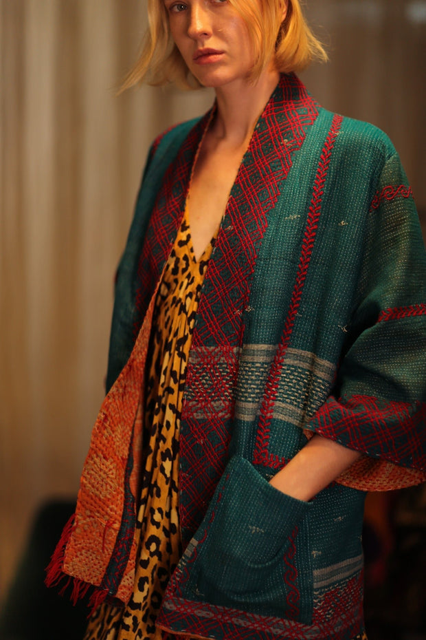 EMBROIDERED KANTHA KIMONO MONTY FOREST GREEN - sustainably made MOMO NEW YORK sustainable clothing, embellished slow fashion