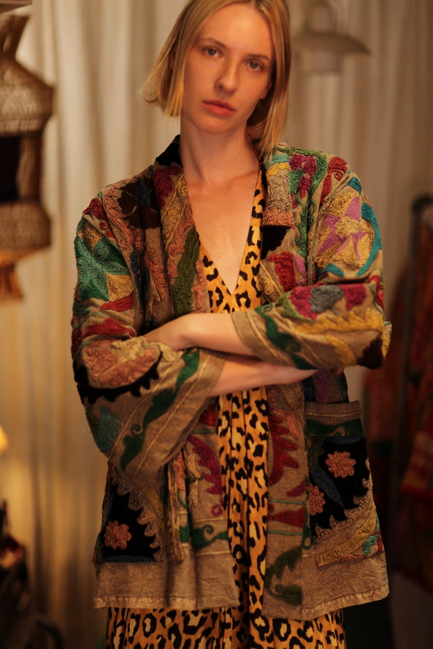 EMBROIDERED KANTHA KIMONO MONTY ISLAND FLOWERS - sustainably made MOMO NEW YORK sustainable clothing, embellished slow fashion