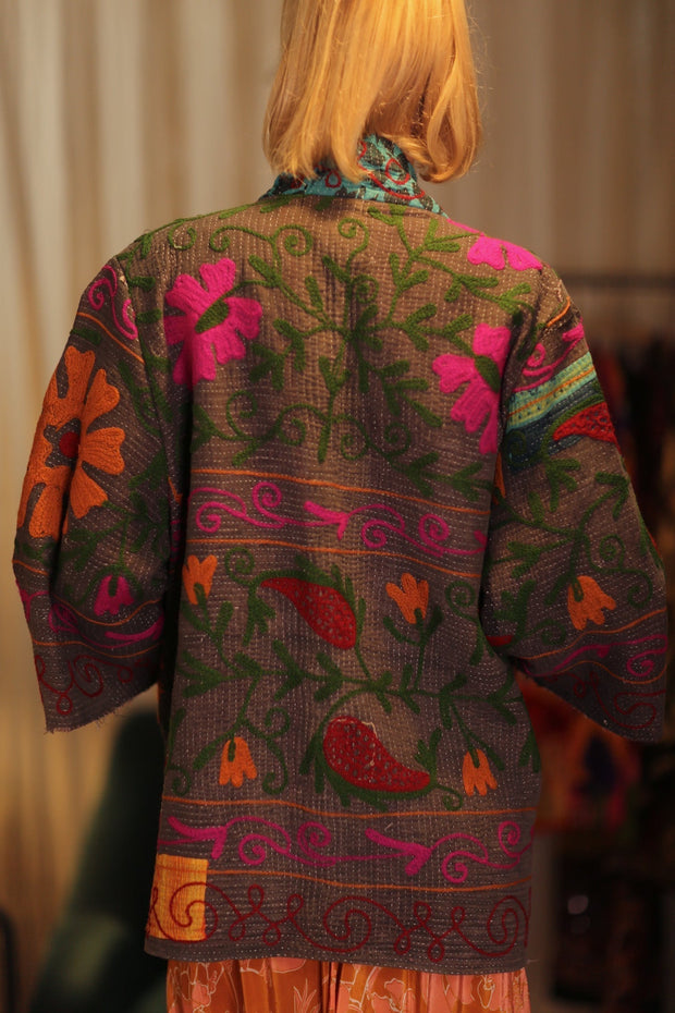 EMBROIDERED KANTHA KIMONO MONTY POT ROAST - sustainably made MOMO NEW YORK sustainable clothing, embellished slow fashion