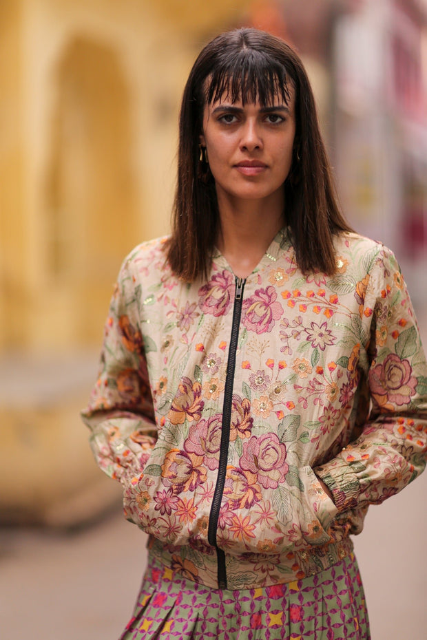 EMBROIDERED SILK BOMBER JACKET HANE - sustainably made MOMO NEW YORK sustainable clothing, Jacket slow fashion