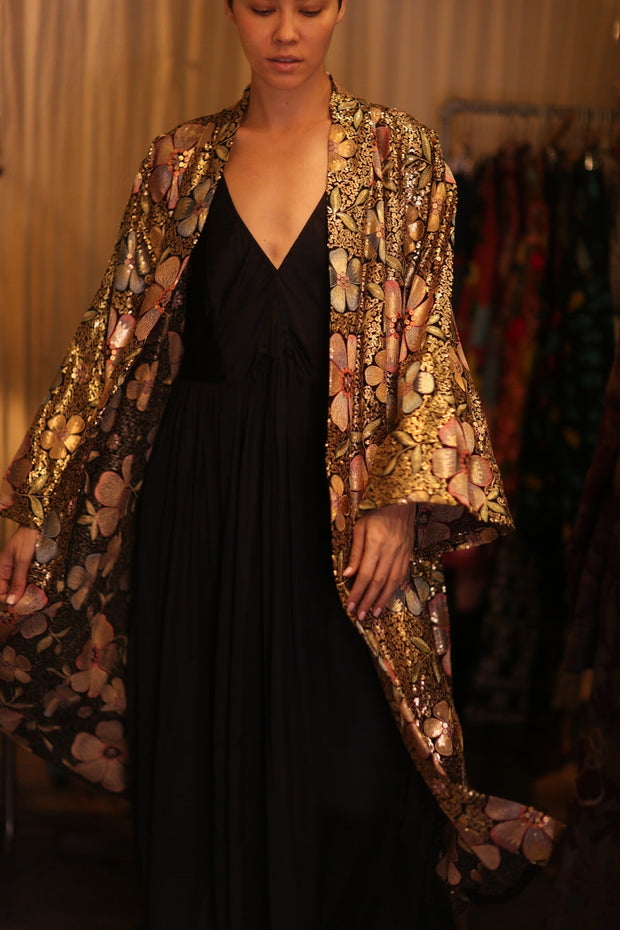 EMBROIDERED SILK KIMONO FLOWERS GOLDEN - sustainably made MOMO NEW YORK sustainable clothing, kimono slow fashion