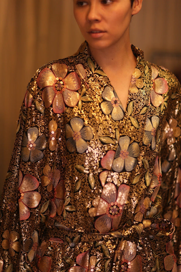 EMBROIDERED SILK KIMONO FLOWERS GOLDEN - sustainably made MOMO NEW YORK sustainable clothing, kimono slow fashion