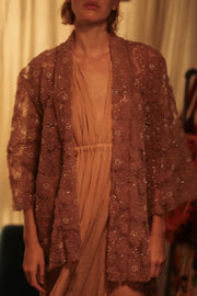 FLO SEQUINED EMBROIDERED SHORT KIMONO VERY PINK - sustainably made MOMO NEW YORK sustainable clothing, embellished slow fashion