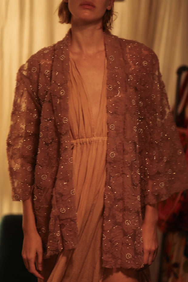 FLO SEQUINED EMBROIDERED SHORT KIMONO VERY PINK - sustainably made MOMO NEW YORK sustainable clothing, embellished slow fashion