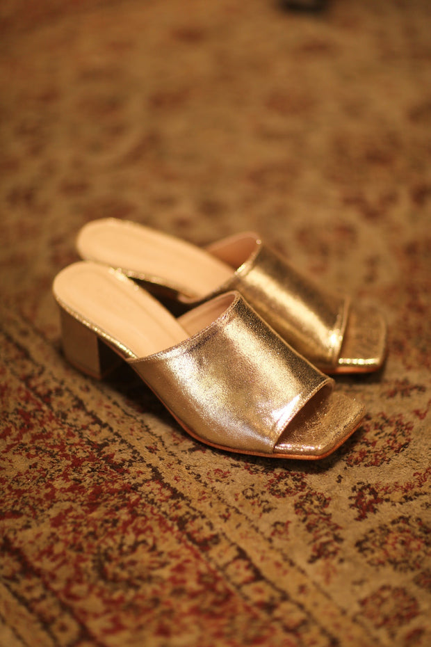 GLITTER GOLD HEELED MULES - sustainably made MOMO NEW YORK sustainable clothing, new slow fashion