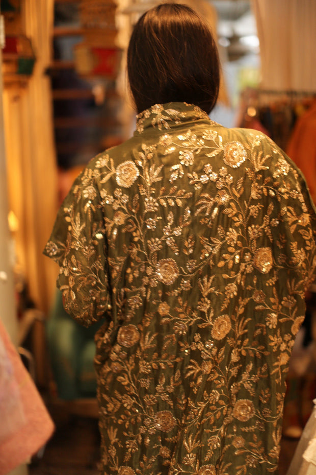 GREEN EMBROIDERED KIMONO ODO - sustainably made MOMO NEW YORK sustainable clothing, slow fashion