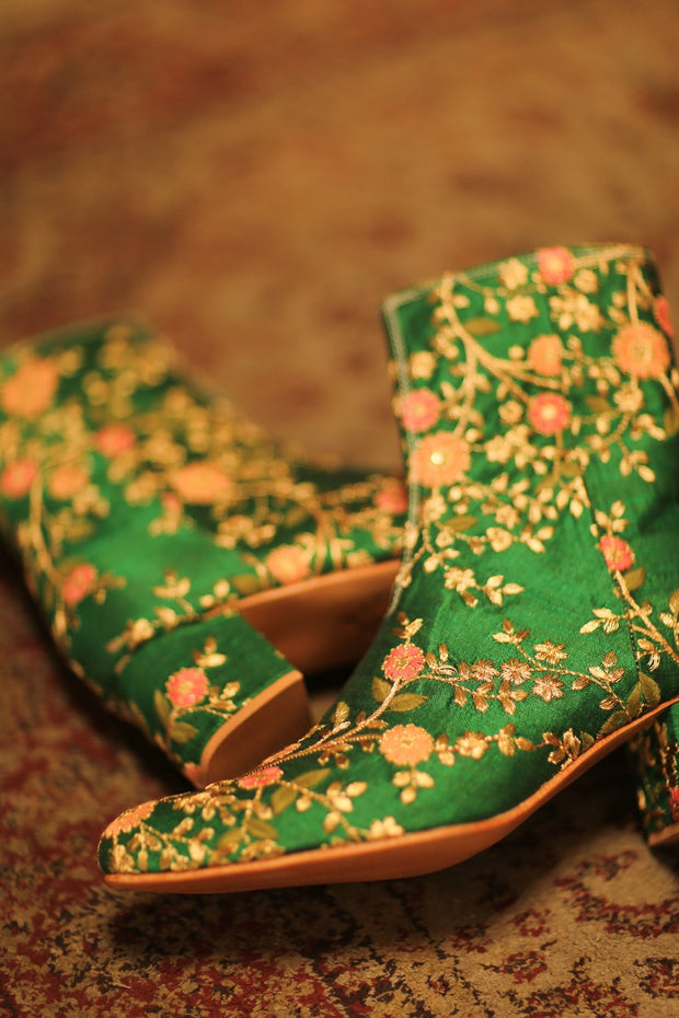 GREEN FLOWER EMBROIDERED SILK BOOTS NIKIO - sustainably made MOMO NEW YORK sustainable clothing, boots slow fashion