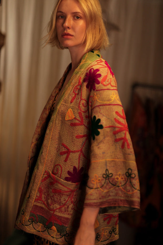 KANTHA EMBROIDERED SHORT MONTY KIMONO GRASS - sustainably made MOMO NEW YORK sustainable clothing, embellished slow fashion