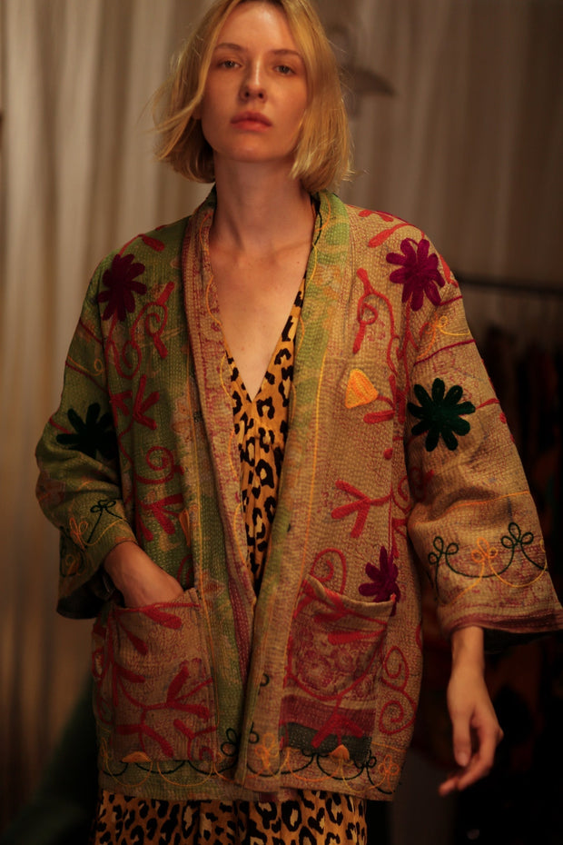 KANTHA EMBROIDERED SHORT MONTY KIMONO GRASS - sustainably made MOMO NEW YORK sustainable clothing, embellished slow fashion