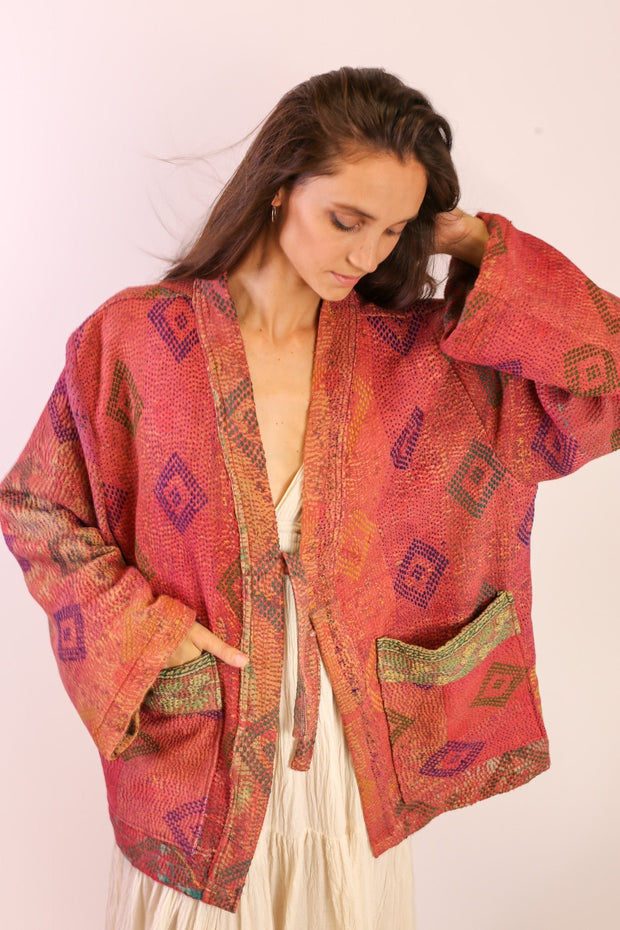 KANTHA FABRIC KIMONO JACKET VALESSA - sustainably made MOMO NEW YORK sustainable clothing, Kimono slow fashion