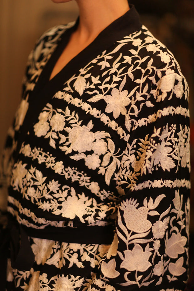 OLA EMBROIDERED SILK LONG KIMONO - sustainably made MOMO NEW YORK sustainable clothing, Embroidered Kimono slow fashion