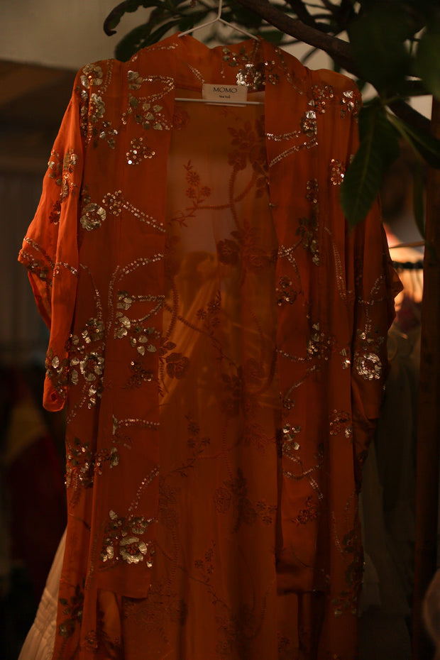 ORANGE SILK SEQUIN EMBROIDERED KIMONO ODO - sustainably made MOMO NEW YORK sustainable clothing, slow fashion