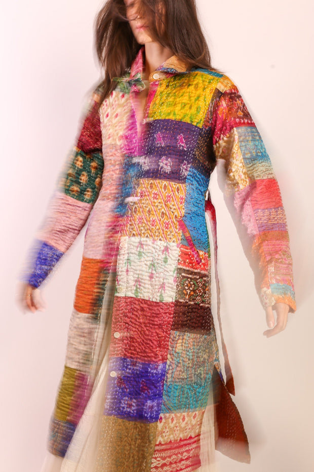 PATCHWORK SILK COAT HILA - sustainably made MOMO NEW YORK sustainable clothing, kantha slow fashion