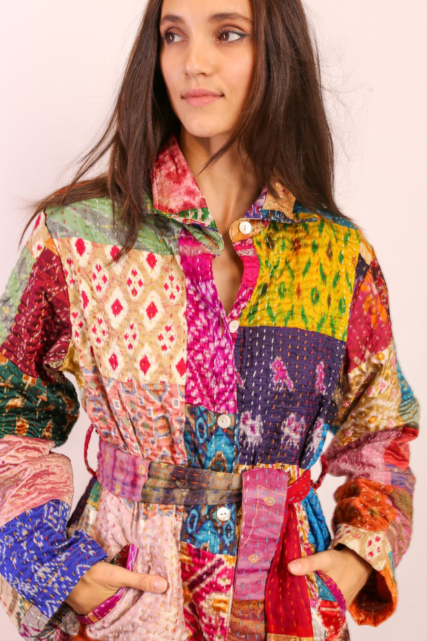 PATCHWORK SILK COAT HILA - sustainably made MOMO NEW YORK sustainable clothing, kantha slow fashion