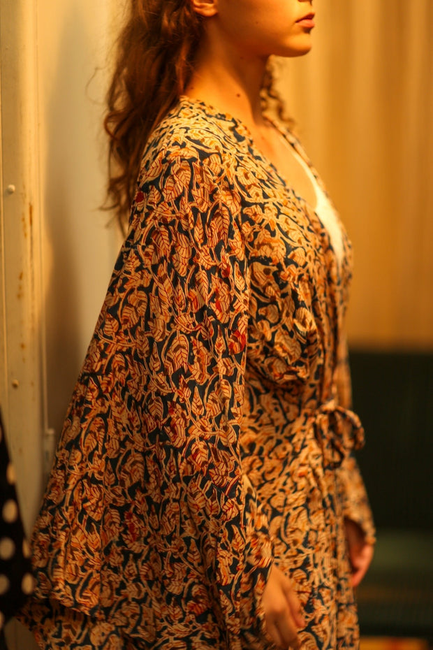 PINA SILK KIMONO LEAFY BLUE - BANGKOK TAILOR CLOTHING STORE - HANDMADE CLOTHING