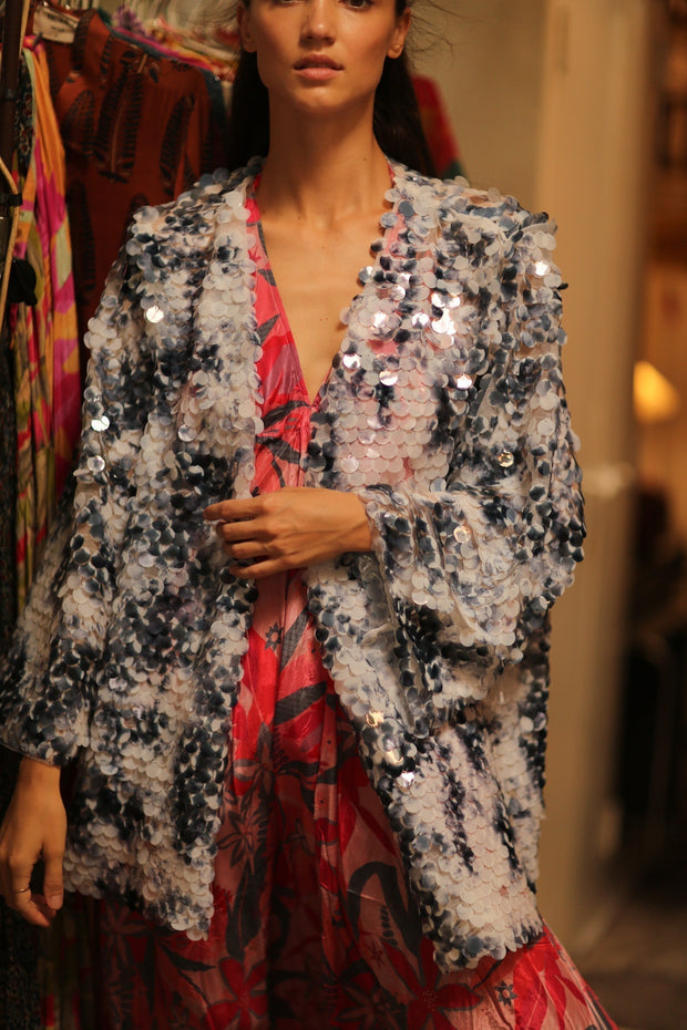 SEQUIN EMBROIDERED SHORT GLITTER KIMONO OLIVES - sustainably made MOMO NEW YORK sustainable clothing, kimono slow fashion