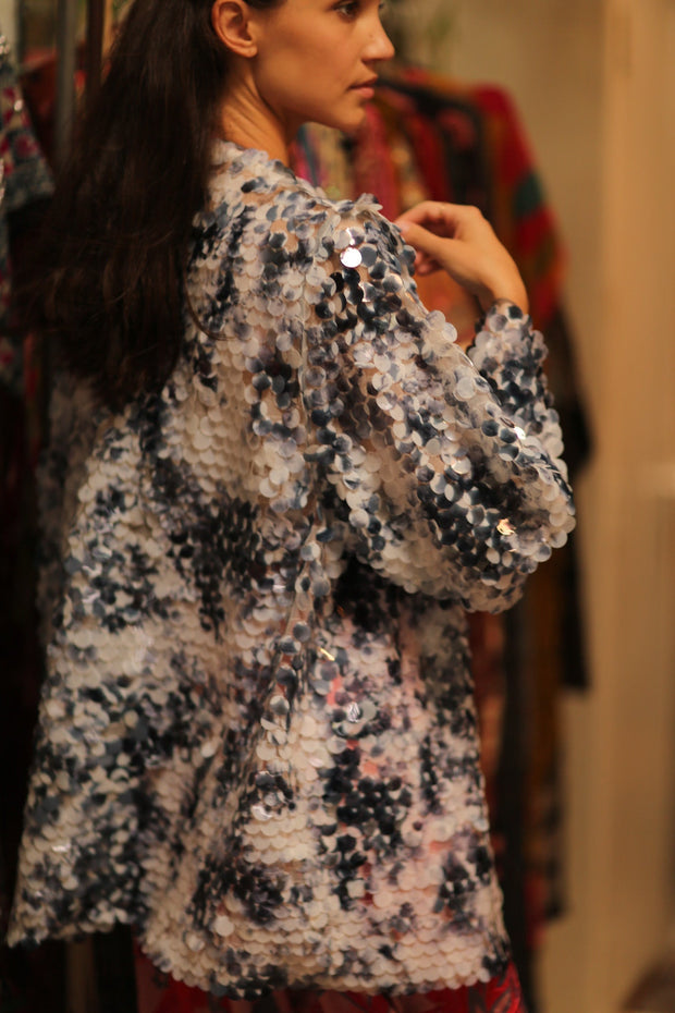 SEQUIN EMBROIDERED SHORT GLITTER KIMONO OLIVES - sustainably made MOMO NEW YORK sustainable clothing, kimono slow fashion