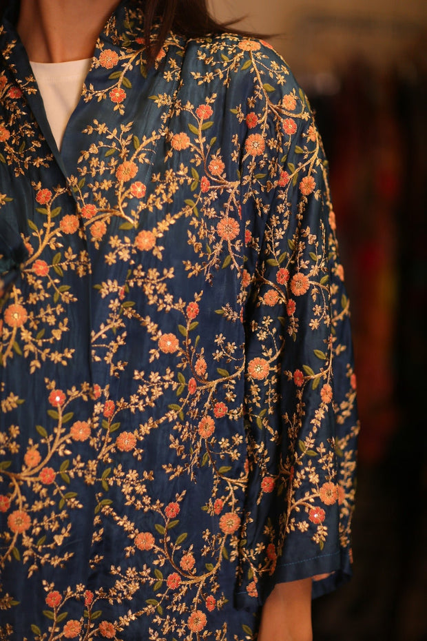 SHORT EMBROIDERED SILK KIMONO ANNA - sustainably made MOMO NEW YORK sustainable clothing, kimono slow fashion