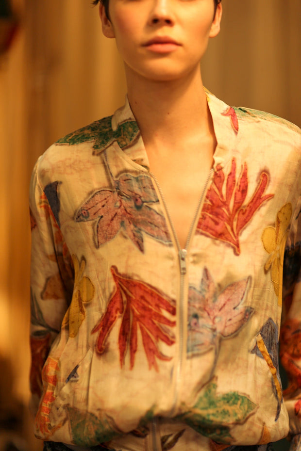 SILK BLOCK PRINT BOMBER JACKET ANCHA PRESSED FLOWERS - sustainably made MOMO NEW YORK sustainable clothing, bomber slow fashion