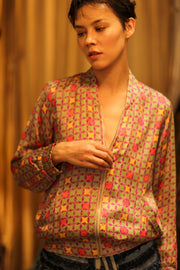 SILK BOMBER JACKET ANCHA GEOMETRIC - sustainably made MOMO NEW YORK sustainable clothing, bomber slow fashion