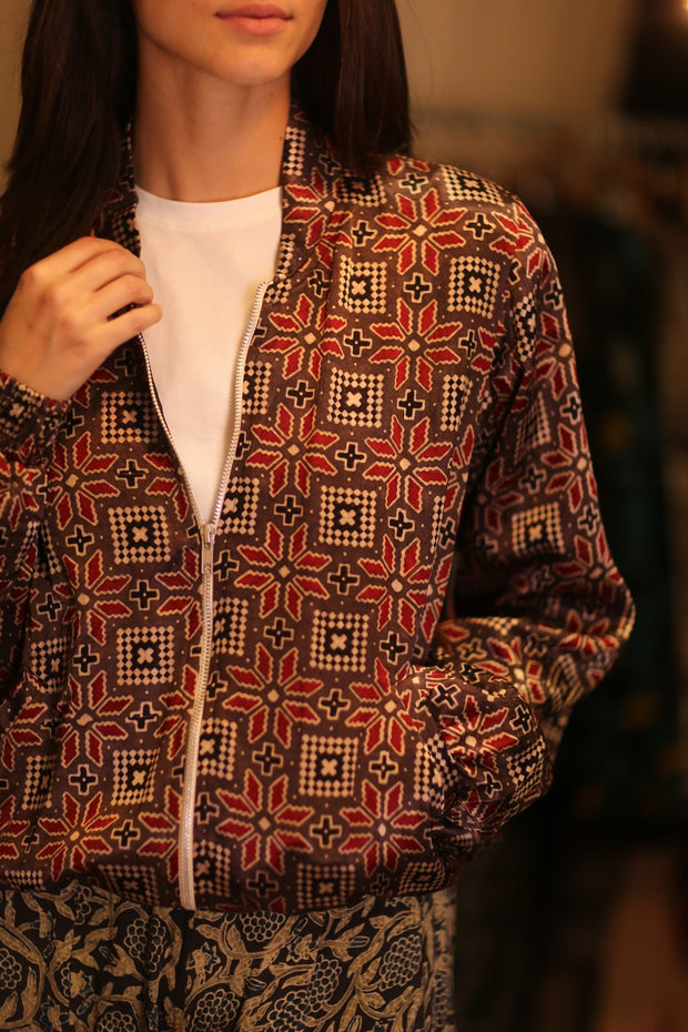 SILK BOMBER JACKET ANCHA RUBY - sustainably made MOMO NEW YORK sustainable clothing, slow fashion