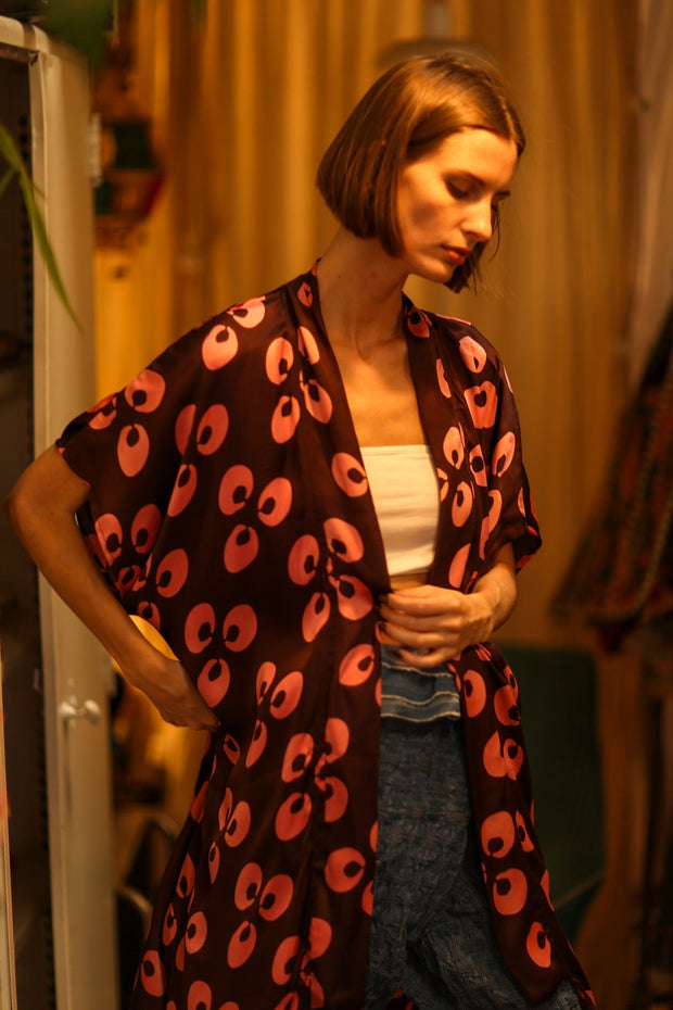 SILK KIMONO BROWN LITTLE PINK FLOWER - sustainably made MOMO NEW YORK sustainable clothing, kimono slow fashion