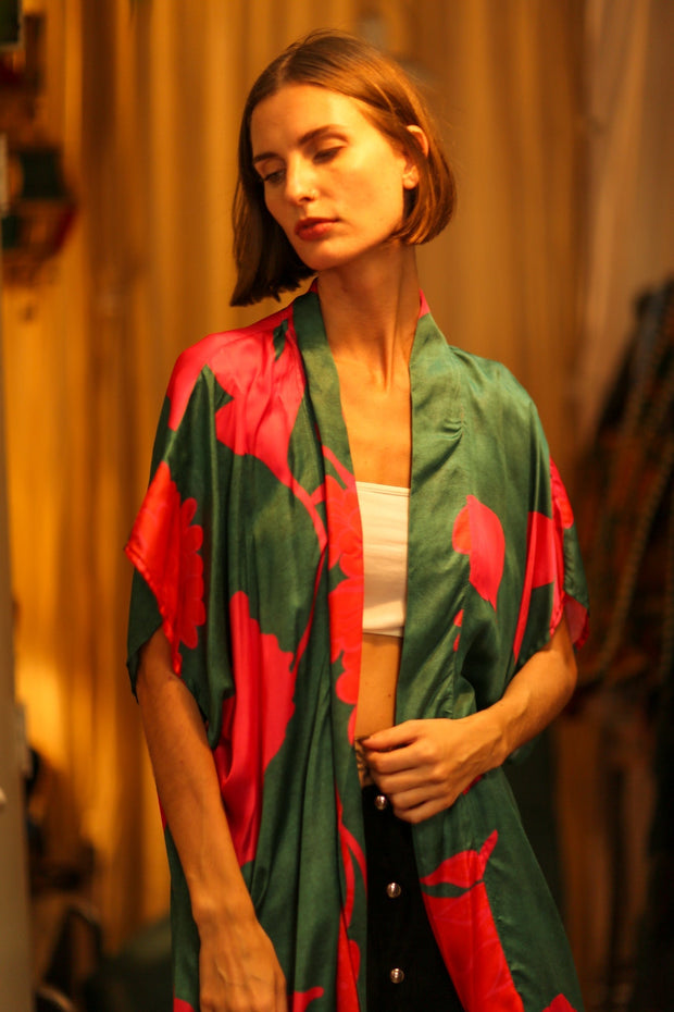 SILK KIMONO GREEN AND PINK - sustainably made MOMO NEW YORK sustainable clothing, kimono slow fashion