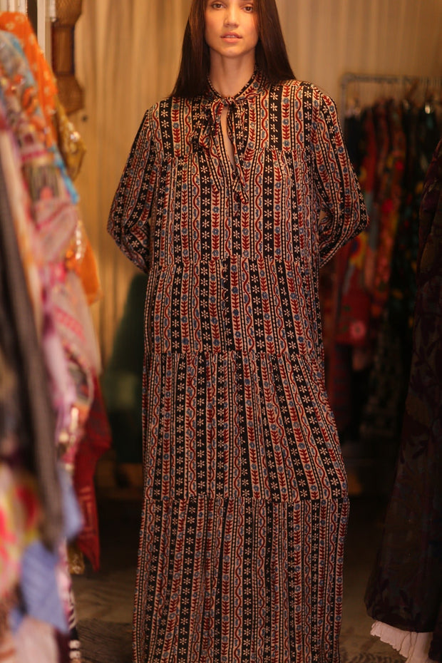 SILK MAXI BUTTONED DRESS LOA MADELYN - sustainably made MOMO NEW YORK sustainable clothing, Boho Chic Dress slow fashion