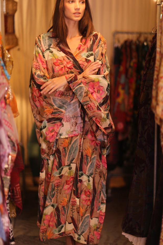 SILK WING KIMONO PINA FLORAL PINKY - sustainably made MOMO NEW YORK sustainable clothing, handmade slow fashion