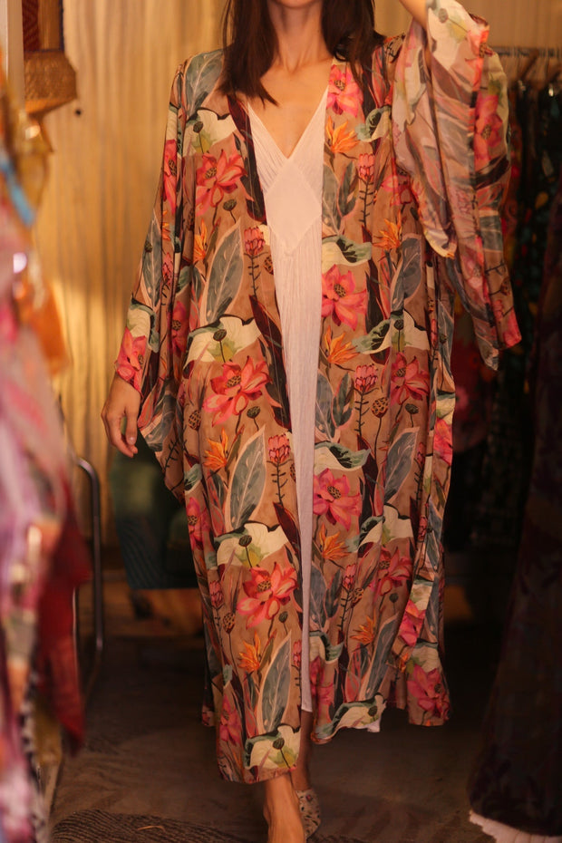 SILK WING KIMONO PINA FLORAL PINKY - sustainably made MOMO NEW YORK sustainable clothing, handmade slow fashion