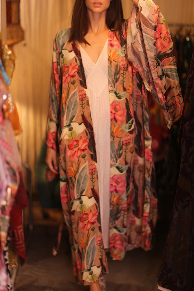 SILK WING KIMONO PINA FLORAL PINKY - sustainably made MOMO NEW YORK sustainable clothing, handmade slow fashion