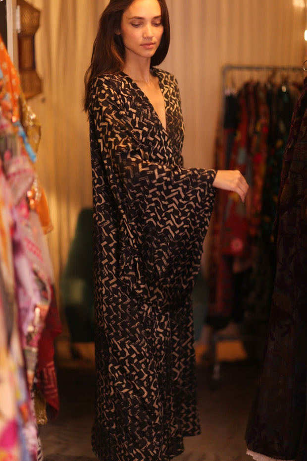 SILK WING KIMONO PINA SILK BROWN GRID - sustainably made MOMO NEW YORK sustainable clothing, handmade slow fashion