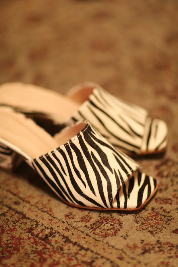 ZEBRA PRINT HEELED MULES - sustainably made MOMO NEW YORK sustainable clothing, new slow fashion